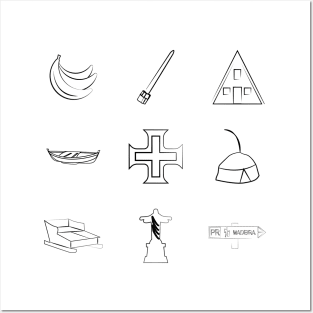 Madeira Island icons: Bananas, Poncha, Santana House, Fishing Boat, Cross, Folklore Hat, Toboggan Ride, Christ the Redeemer and Recommended Walking Route sign (PR) in black & white Posters and Art